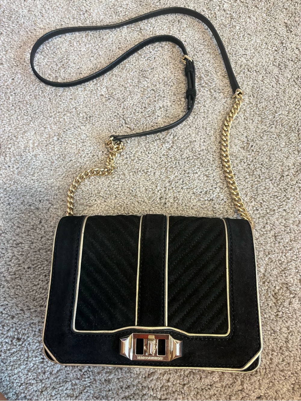 Rebecca Minkoff Black Velvet and Suede Crossbody Bag with Gold Chain